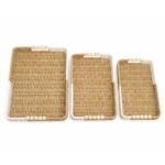Rectangular Woven Basket with Decorative Bead Handles - Set of 3