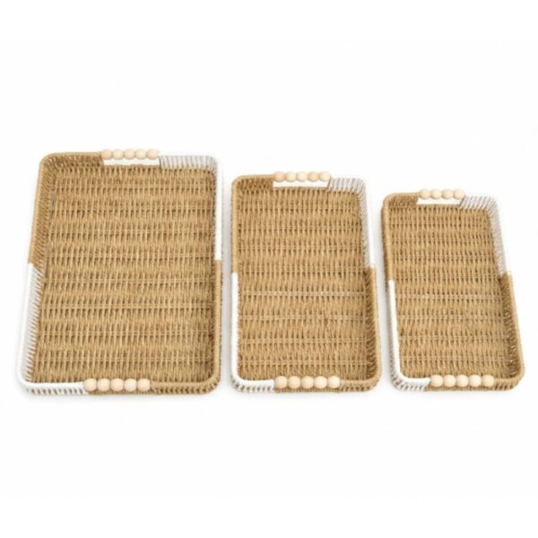 Rectangular Woven Basket with Decorative Bead Handles - Set of 3
