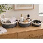 Round Woven Rope Storage Basket with White Rim Set of 3 - Image 2