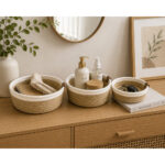 Round Woven Rope Storage Basket with White Rim Set of 3 - Image 3