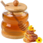 Glass Honey Dispenser with Wooden Lid, Dipper and Base