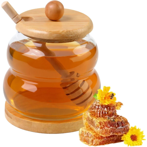 Glass Honey Dispenser with Wooden Lid, Dipper and Base