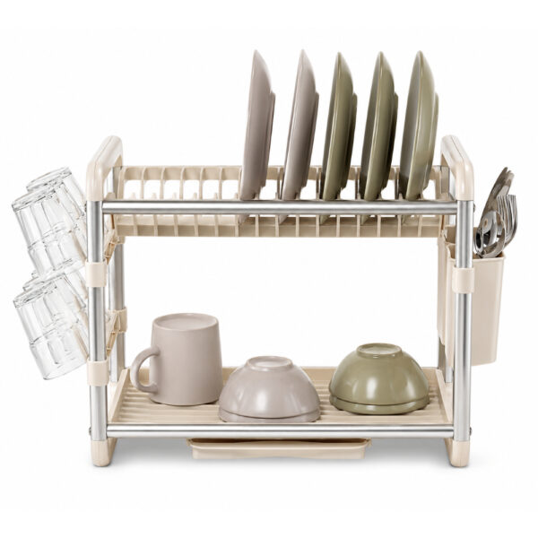 2 Tier Dish Drying Rack with Glass Holders, Cutlery Basket & Drip Tray