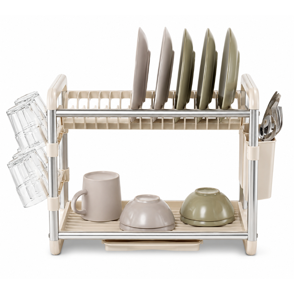 OSM-2674-1 2 Tier Dish Drying Rack with Glass Holders, Cutlery Basket & Drip Tray - Image 1