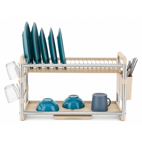 2 Tier Kitchen Dish Drainer with Cup Holders & Utensil Basket