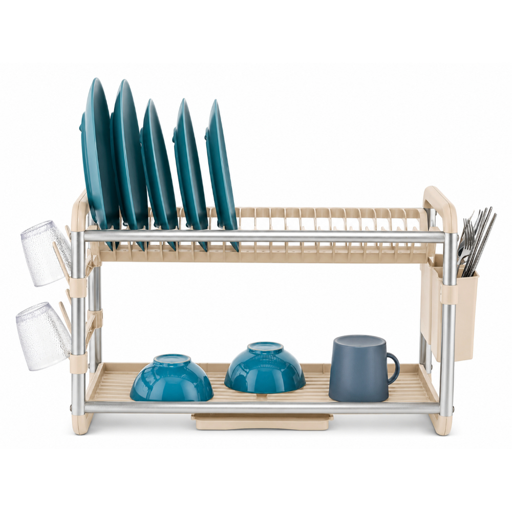 OSM-2675-1 2 Tier Kitchen Dish Drainer with Cup Holders & Utensil Basket - Image 1