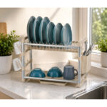 2 Tier Kitchen Dish Drainer with Cup Holders & Utensil Basket - Image 2