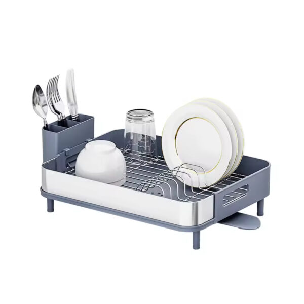 Compact Single Tier Dish Drainer with Cutlery Caddy and Drainage Spout