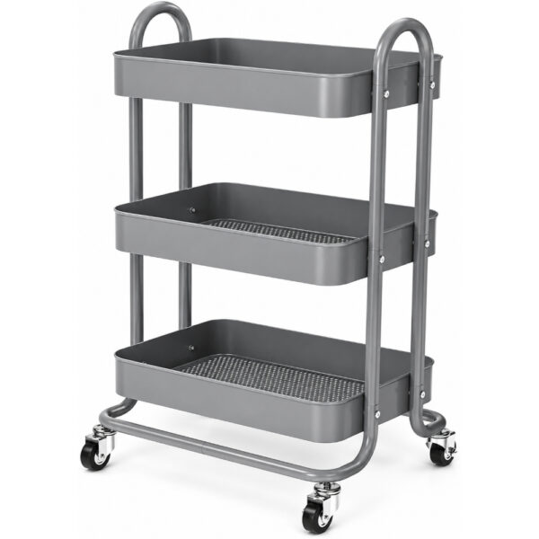 3-Tier Rolling Metal Organizer Cart with Mesh Trays - Grey