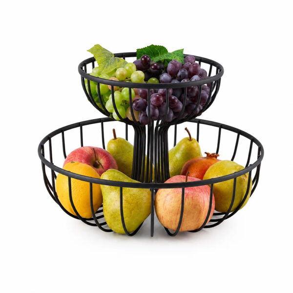 2-Tier Round Wire Fruit Basket with Pedestal Stand - Black