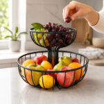 2-Tier Round Wire Fruit Basket with Pedestal Stand - Black - Image 2