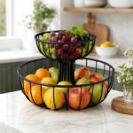 2-Tier Round Wire Fruit Basket with Pedestal Stand - Black - Image 3