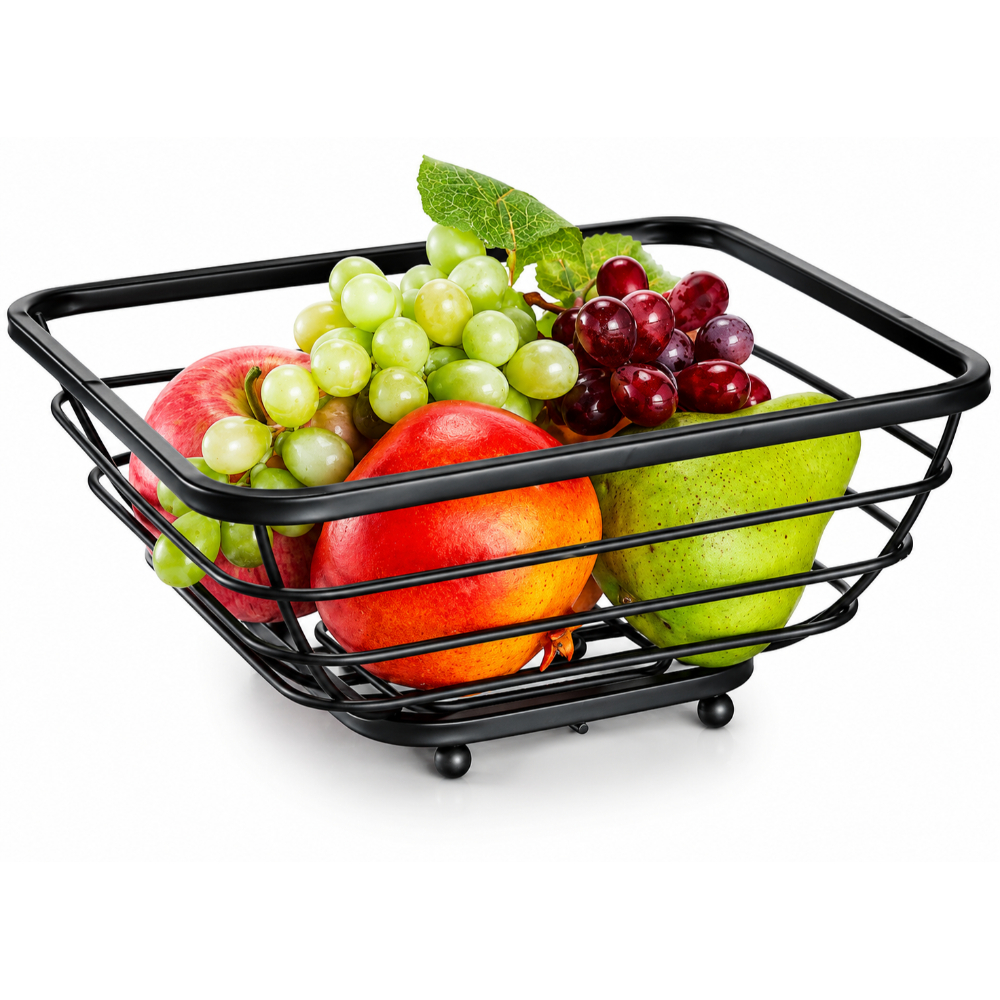 OSM-2699-1 Rectangular Raised Wire Fruit Serving Basket with Scroll Legs - Black - Image 1