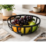 Round Open-Wire Fruit Bowl with Raised Base - Black - Image 2