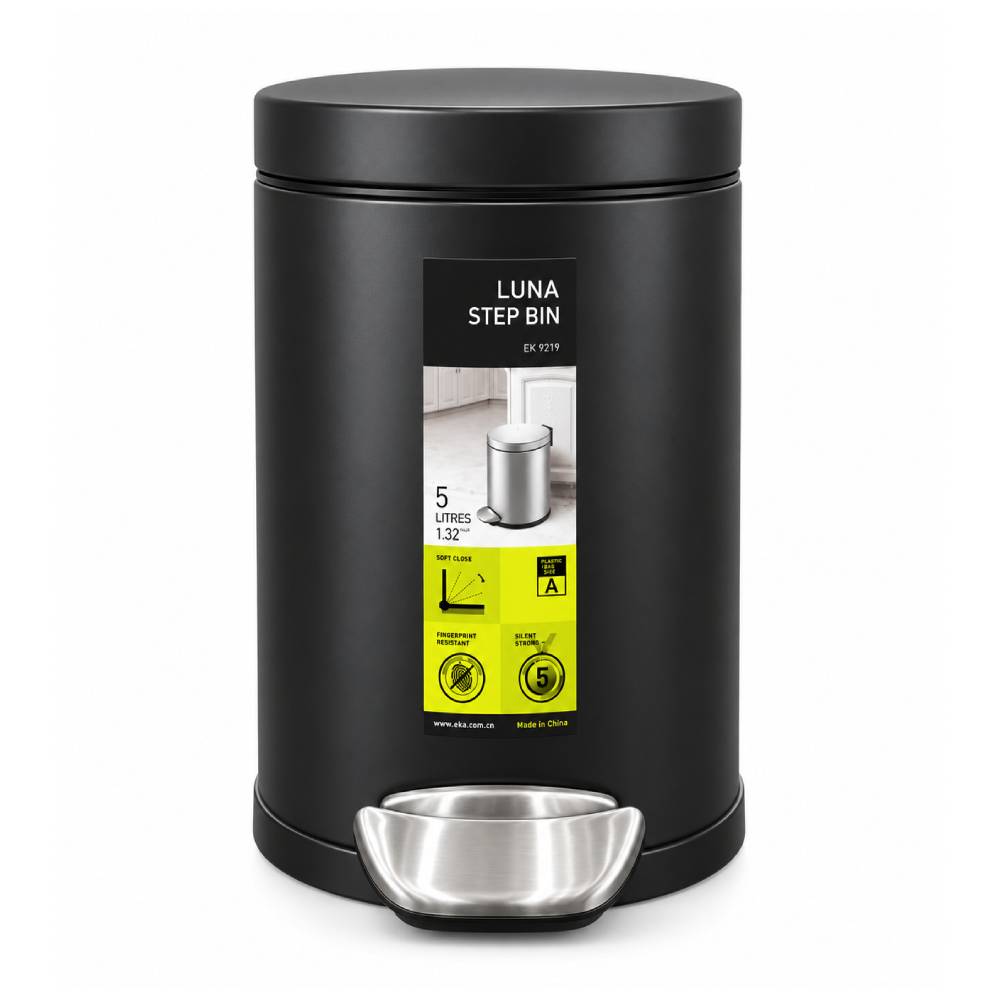 EKO-022-1 Steel Powder Coated Step Bin with Pedal – 5L Matte Black - Image 1