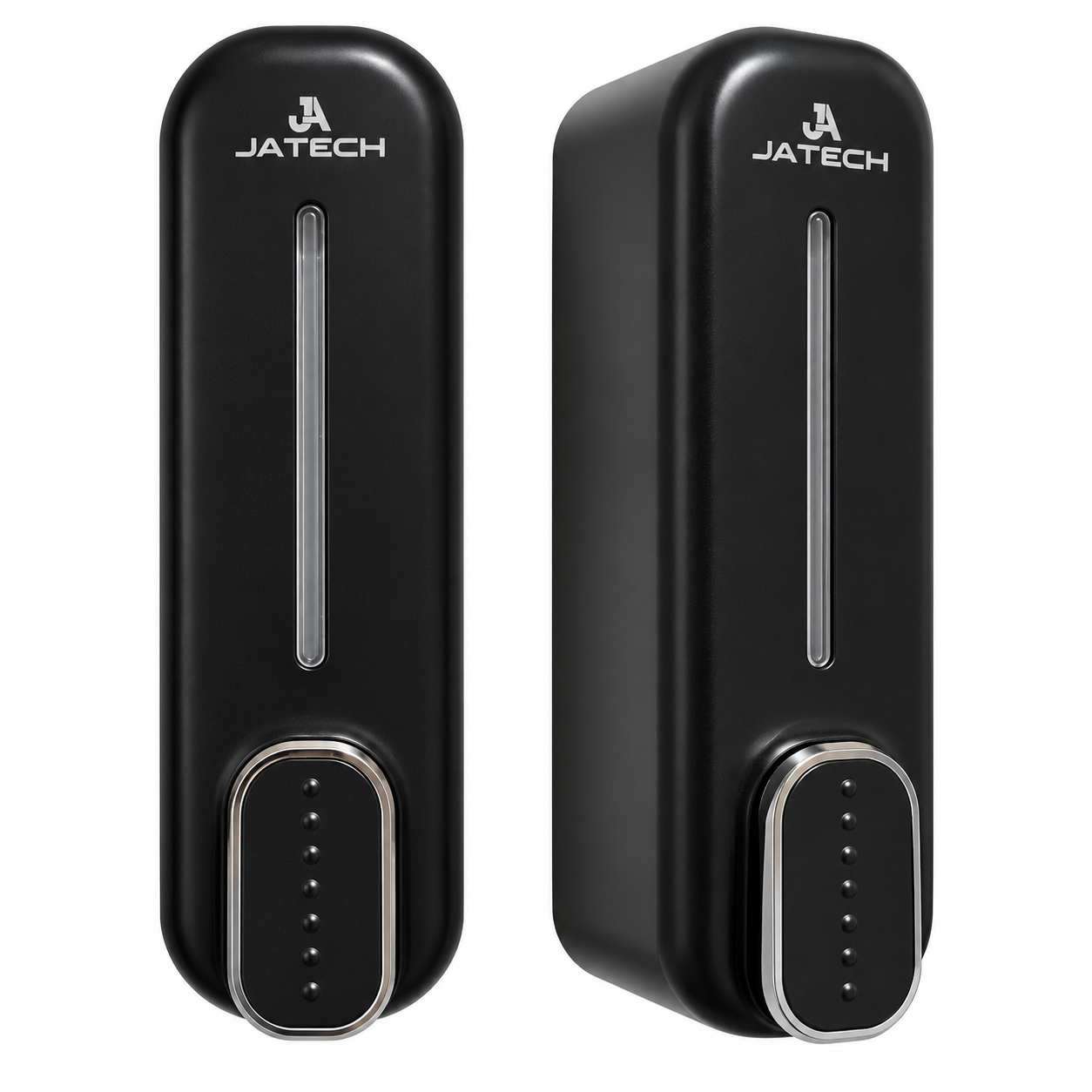 JATECH Black Dispensers, Front and Angled Views ABS Soap Dispenser - 250 ml - Image 1