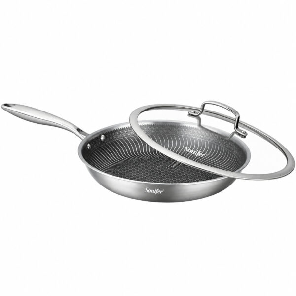 Stainless Steel Honeycomb Frying Pan With Glass Lid - 30cm