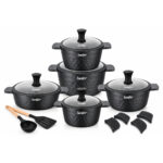 16-Piece Cookware Set In Hammered Patern with Glass Lid Black