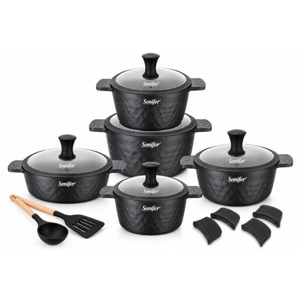 16-Piece Cookware Set In Hammered Patern with Glass Lid Black