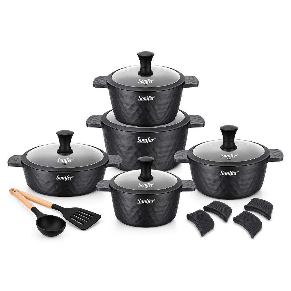 SF-1221A-1 16-Piece Cookware Set In Hammered Patern with Glass Lid Black - Image 1