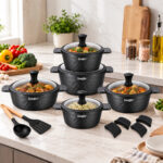 16-Piece Cookware Set In Hammered Patern with Glass Lid Black - Image 3