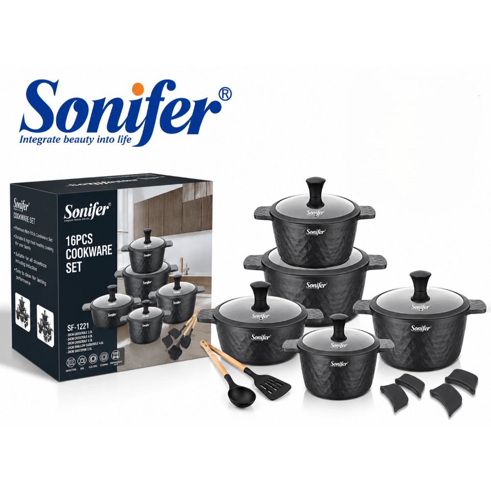 SF-1221A-4 16-Piece Cookware Set In Hammered Patern with Glass Lid Black - Image 1