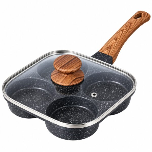 Four-Section Non-Stick Breakfast Frying Pan with Glass Lid – Black